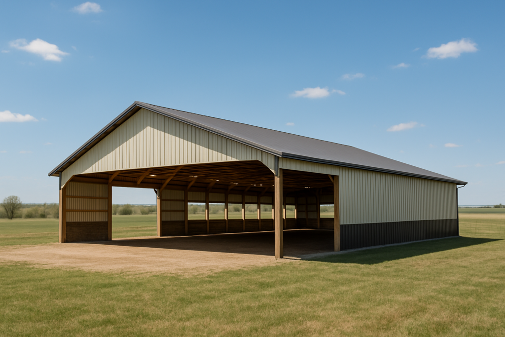 Open-sided metal barn shelter with wooden supports on a grassy field under a blue sky, likely used for equipment storage or livestock shelter.